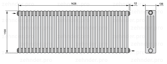 Схема (чертеж) Радиатор Zehnder Charleston 4110/31 №1670 Белый глянцевый RAL 9016